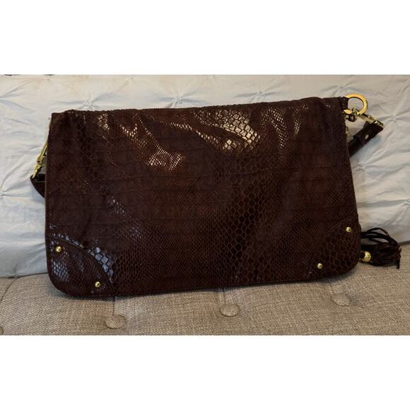 JM Joy Mangano Convertible Expandable Drop Python Bag Tote Sholuder Clutch Brown - Picture 6 of 7